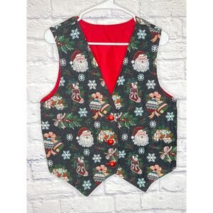 Handmade Vintage Tapestry Christmas Holiday Santa Button Up Vest MED Red Lining